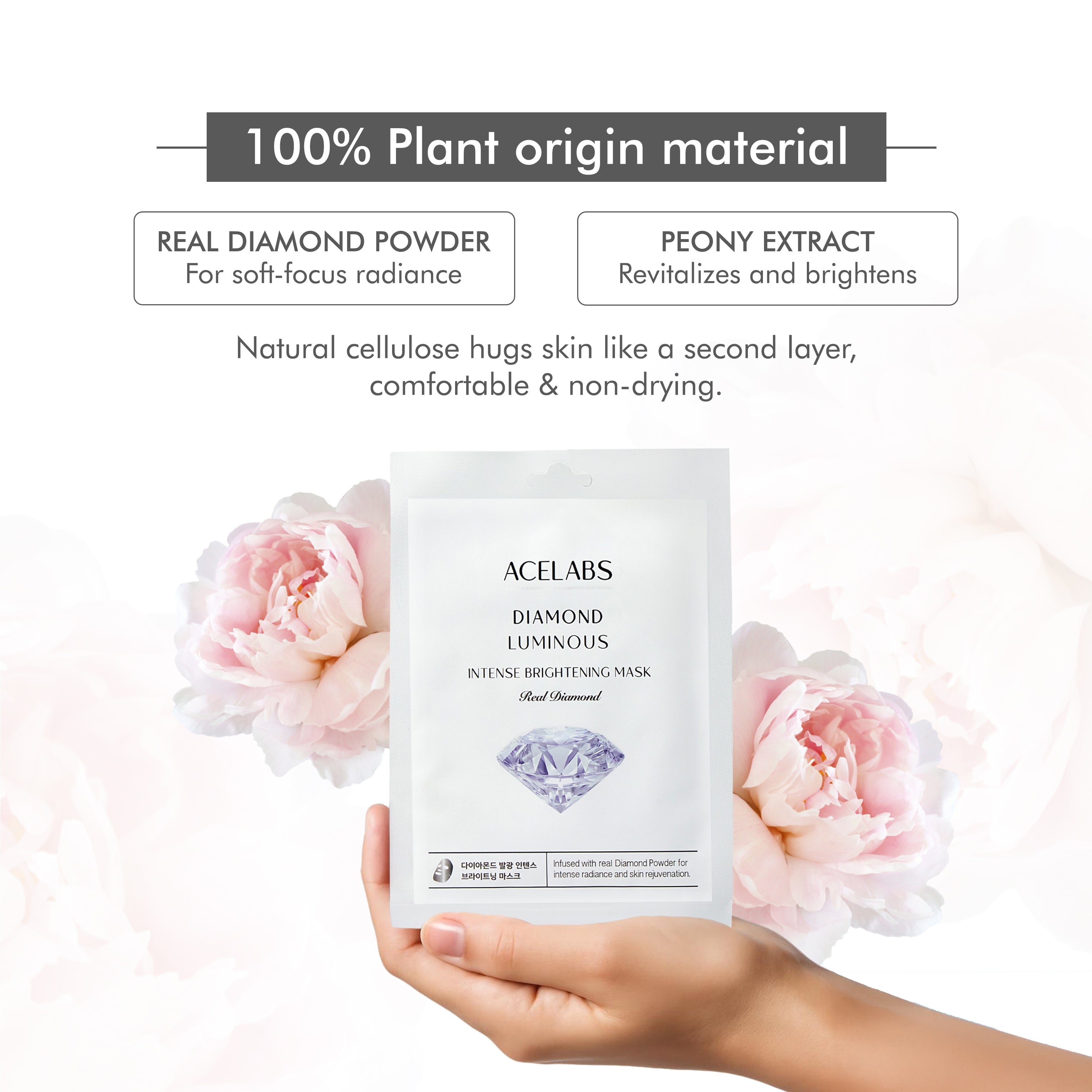 Face mask for pigmentation with real diamond powder, peony extract, and natural cellulose sheet