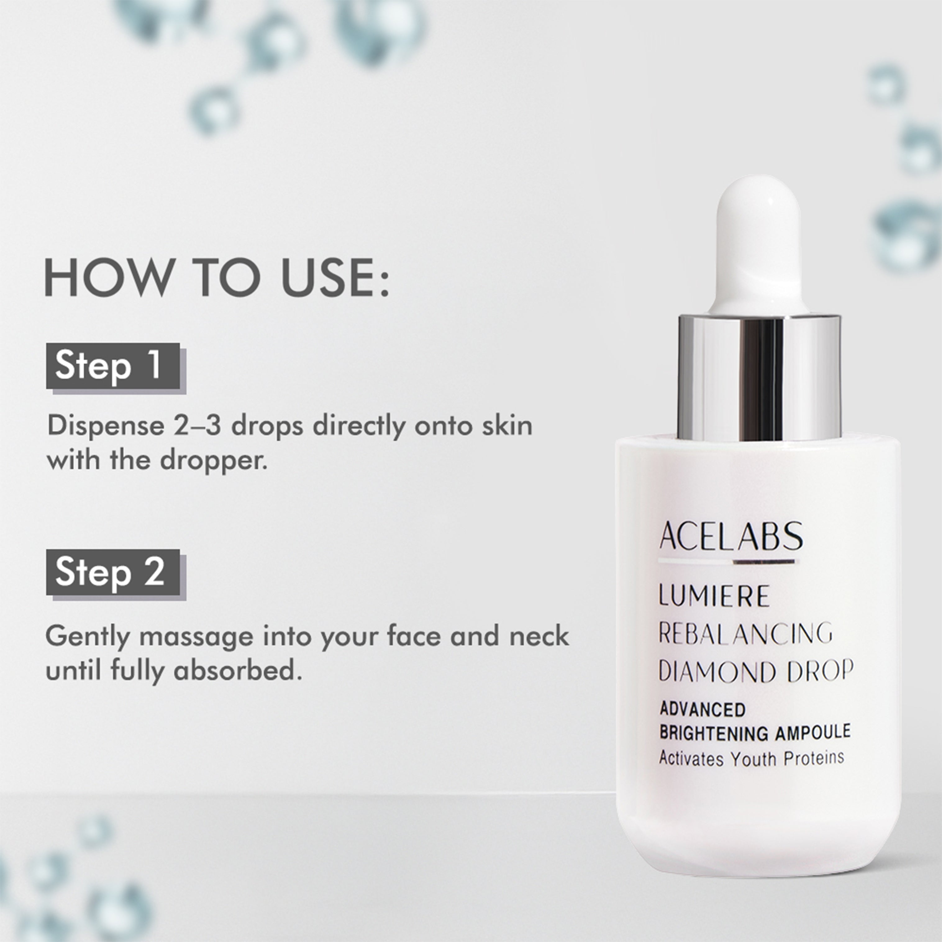 How to use Lumiere Rebalancing Diamond Drop – apply 2–3 drops of anti-aging serum for glowing, glass-like skin