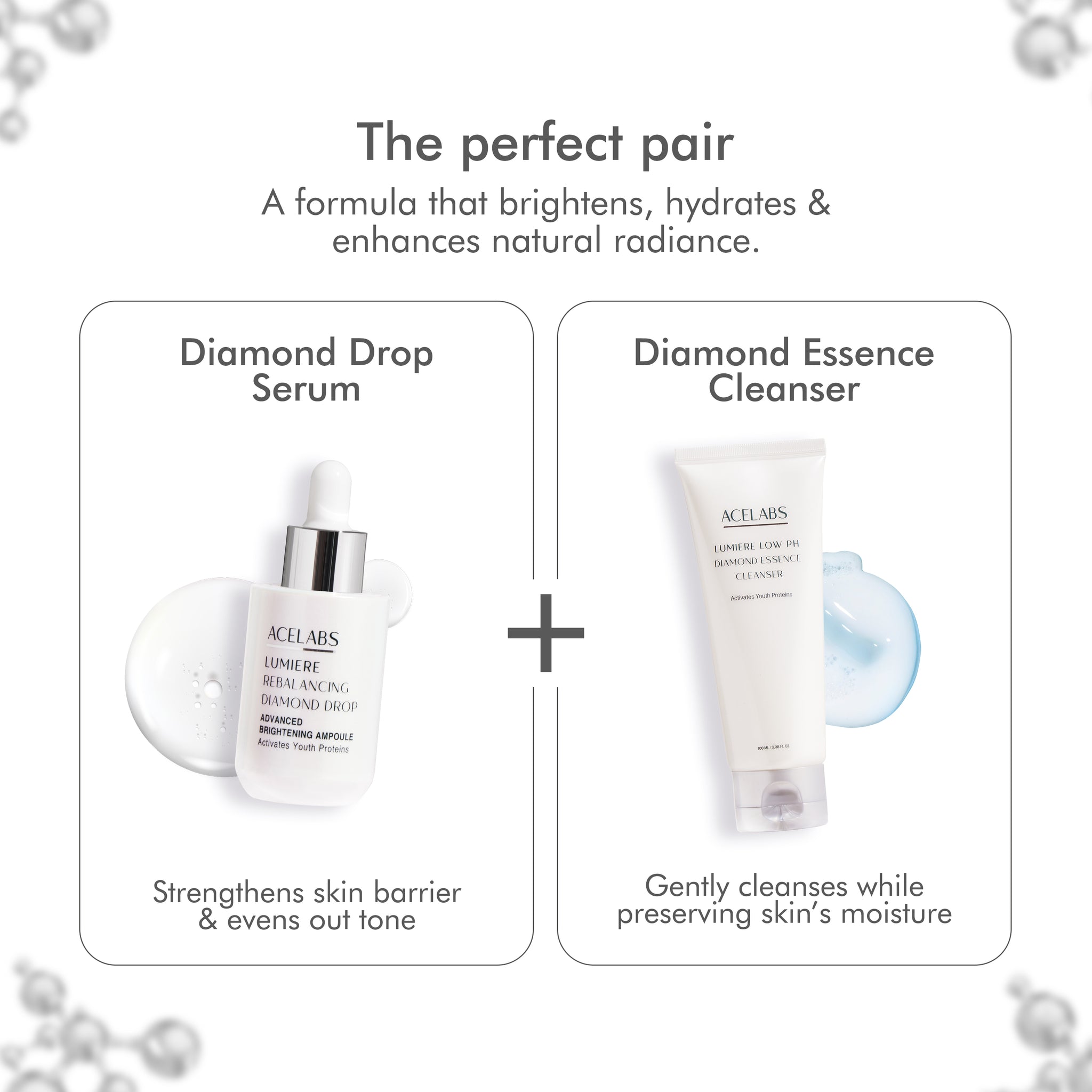 Acelabs Ultimate Glass Skin Duo featuring Diamond Drop Serum and Low pH Diamond Essence Cleanser for brightening, hydration and radiant skin