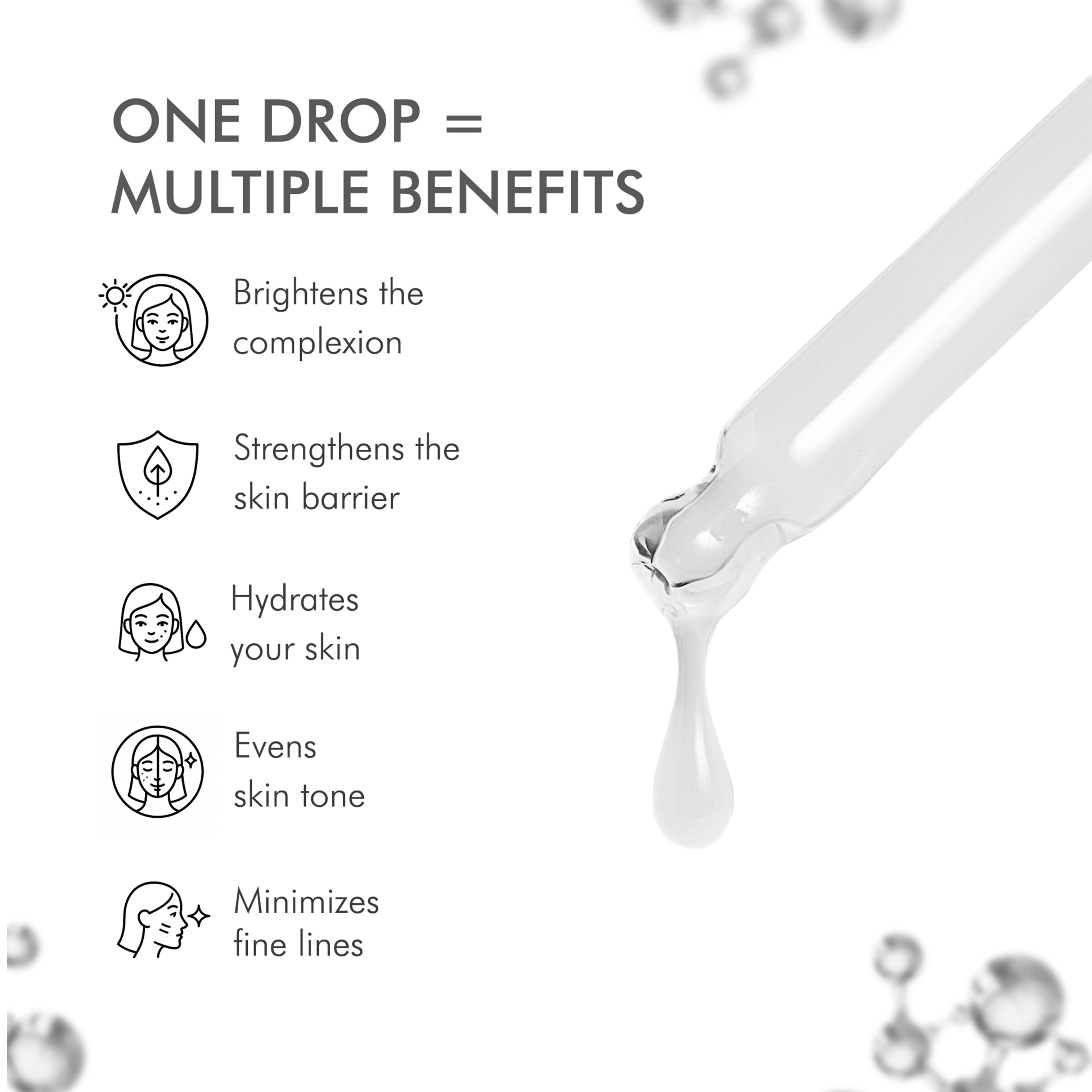 Benefits of Diamond Drop Serum including skin brightening, hydration, barrier strengthening and even skin tone
