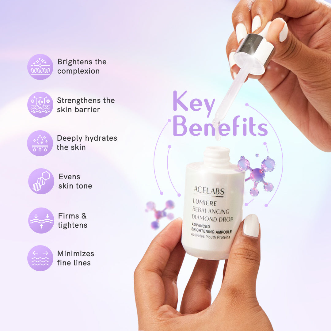Benefits of Lumiere Rebalancing Diamond Drop – skin brightening, deep hydration, even skin tone, and anti-aging properties