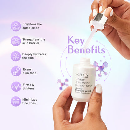 Benefits of Lumiere Rebalancing Diamond Drop – skin brightening, deep hydration, even skin tone, and anti-aging properties