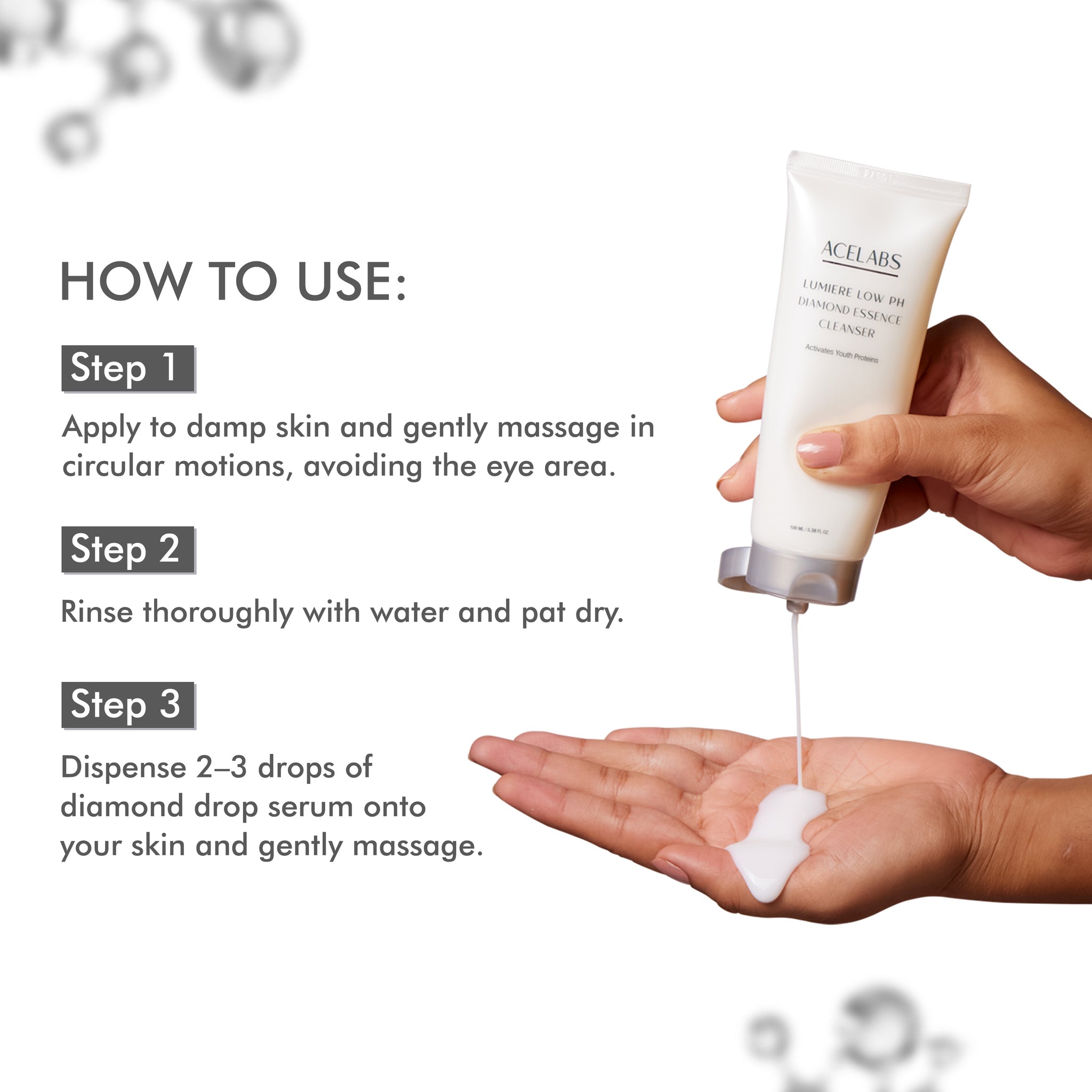 How to use Acelabs Glass Skin Duo – cleanse with Low pH Diamond Essence Cleanser followed by Diamond Drop Serum application