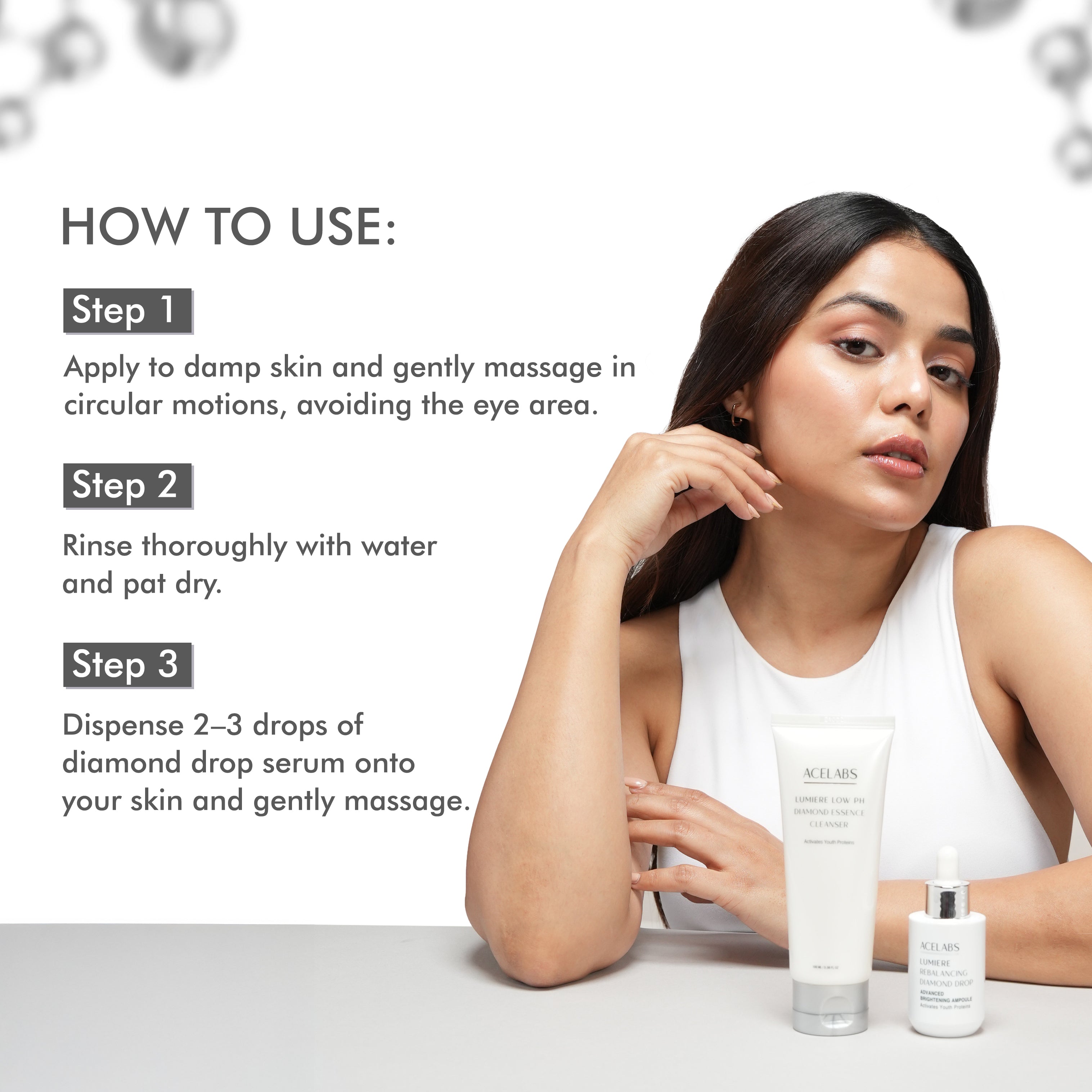 How to use Acelabs Glass Skin Duo – cleanse with Low pH Diamond Essence Cleanser followed by Diamond Drop Serum application