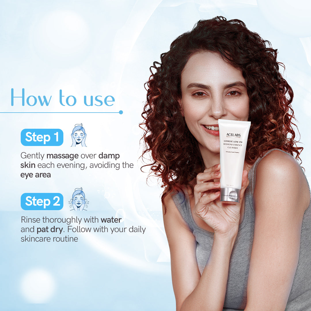 How to use Lumiere Low pH Diamond Essence Cleanser – step-by-step application guide for gentle facial cleansing