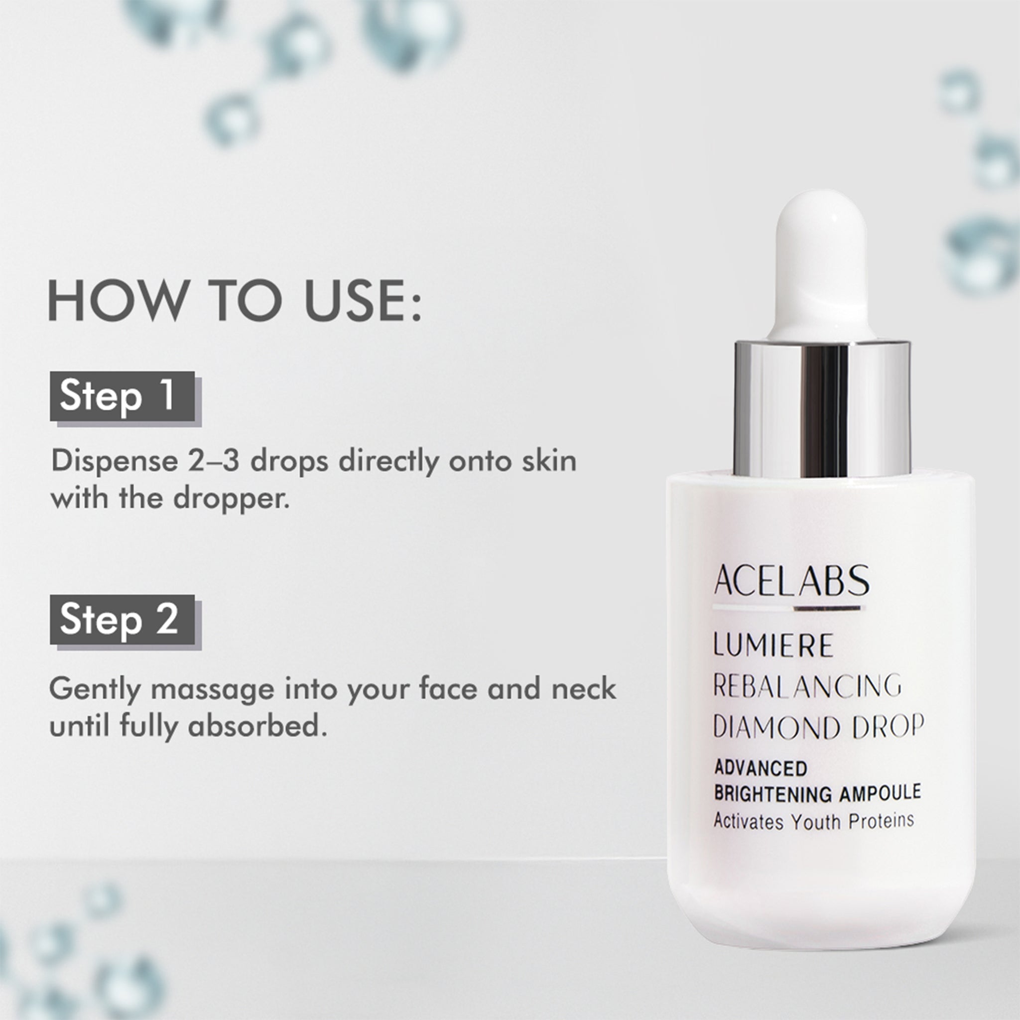 How to use Lumiere Rebalancing Diamond Drop – apply 2–3 drops of anti-aging serum for glowing, glass-like skin