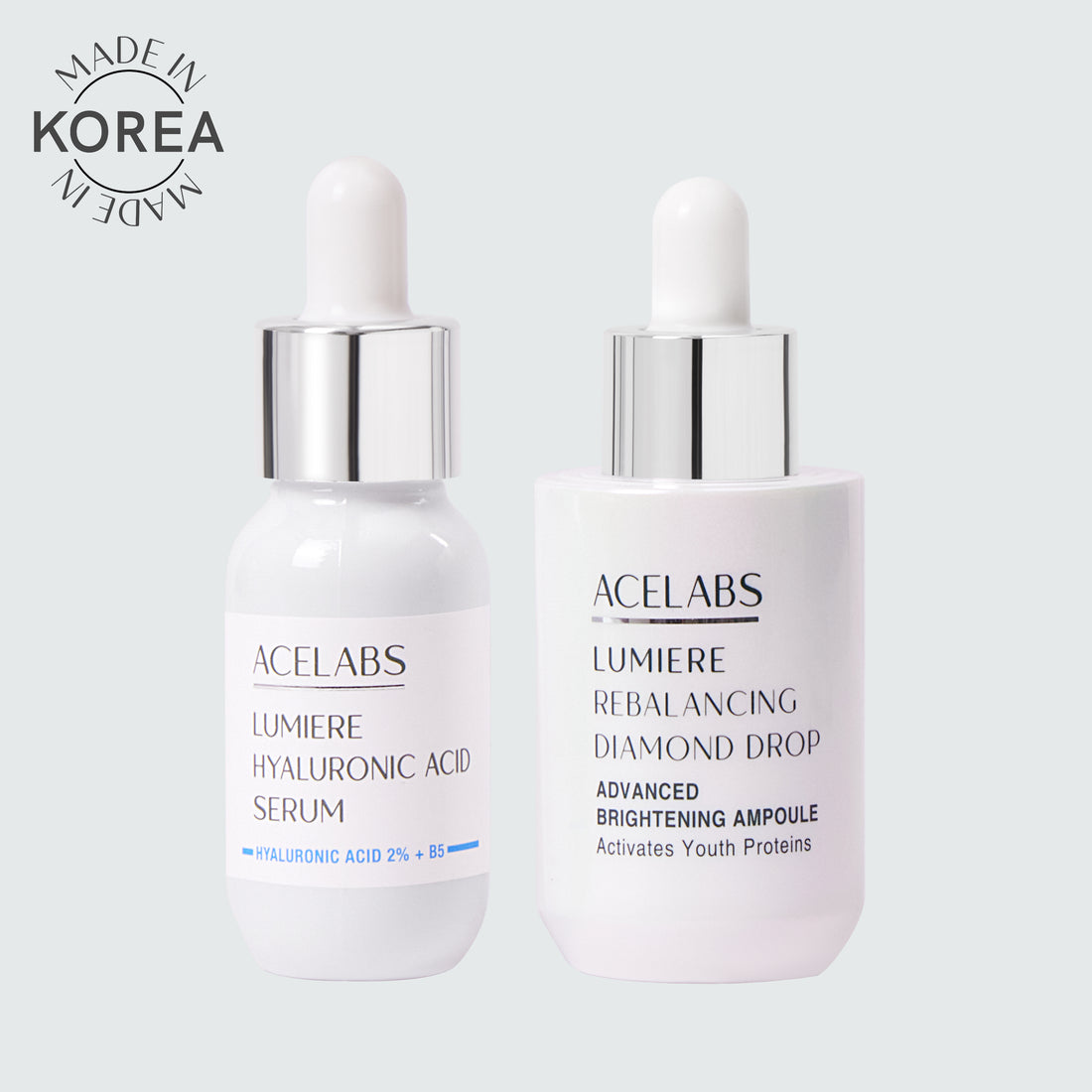 Intense Hydration Duo with hyaluronic acid serum and skin brightening serum – ACELABS Rebalancing Diamond Drop for deep hydration and radiant skin