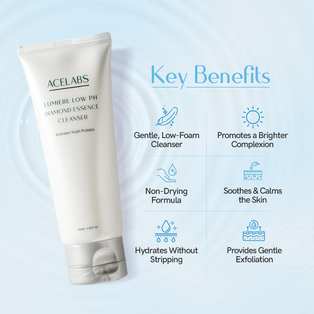 Key benefits of Lumiere Low pH Diamond Essence Cleanser – exfoliating, hydrating, and brightening face cleanser