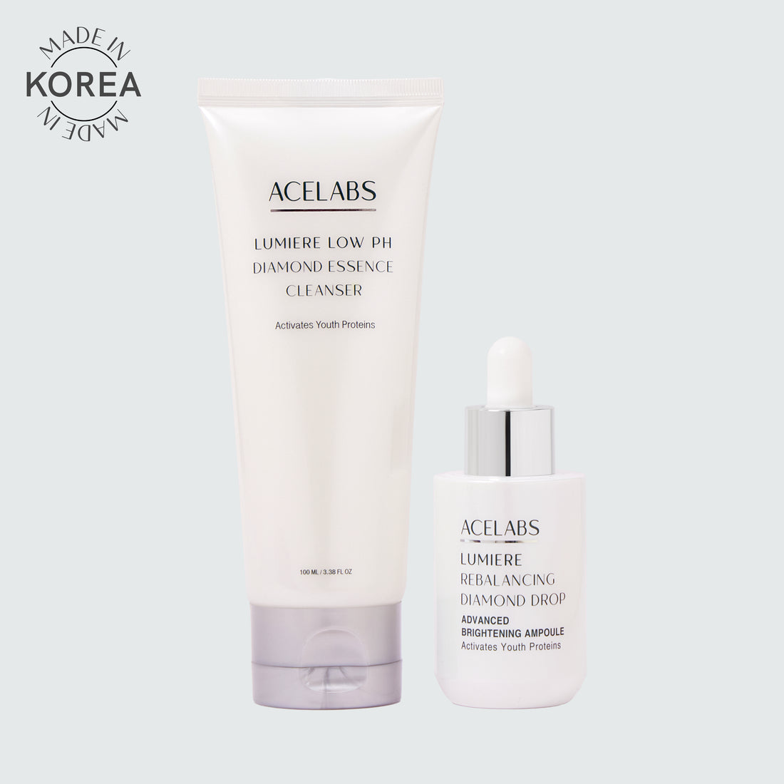 Ultimate Glass Skin Duo with gentle skin cleanser and skin brightening serum – ACELABS Rebalancing Diamond Drop and face cleanser for radiant, glass-like skin