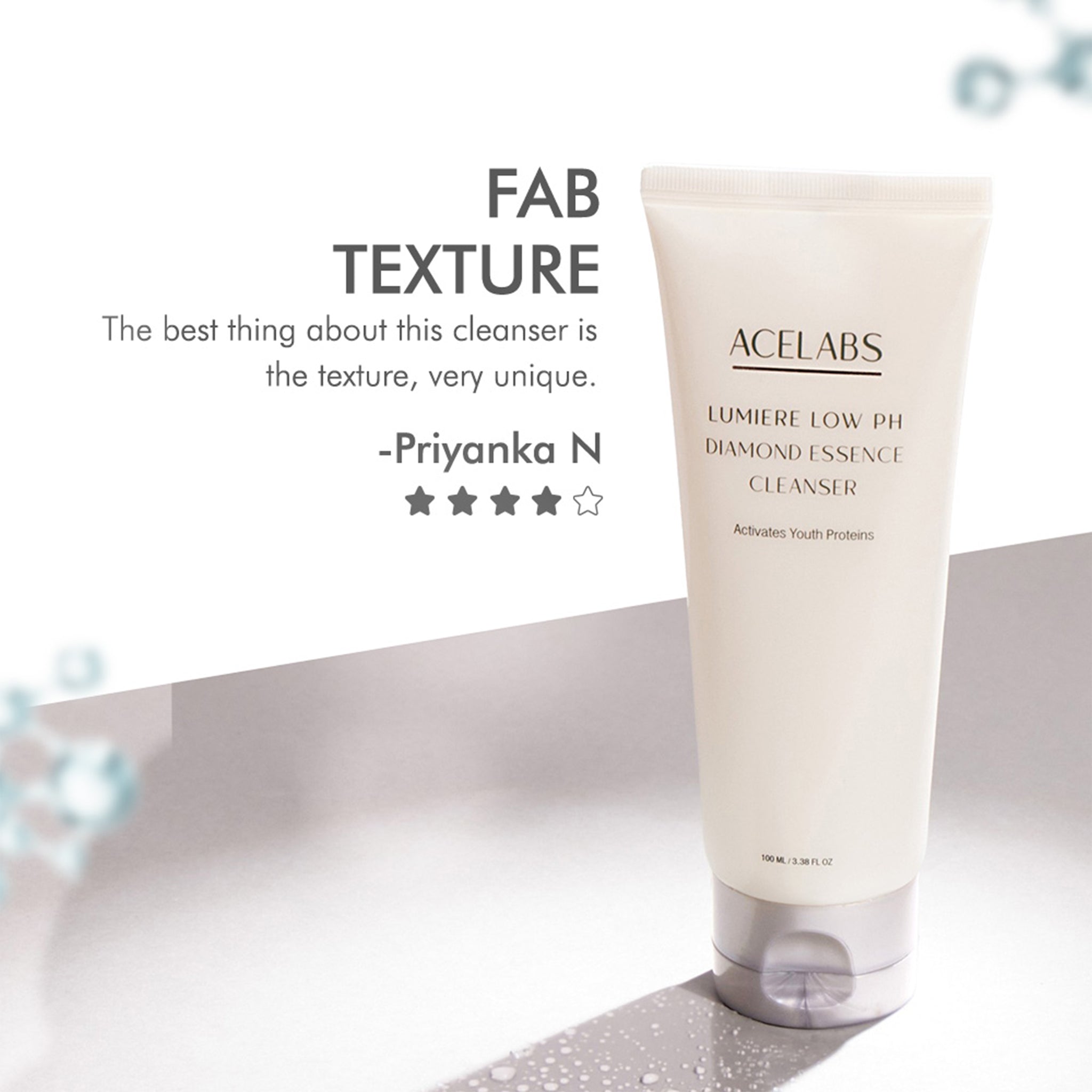 User review highlighting the unique, gentle texture of ACELABS low pH exfoliating face cleanser