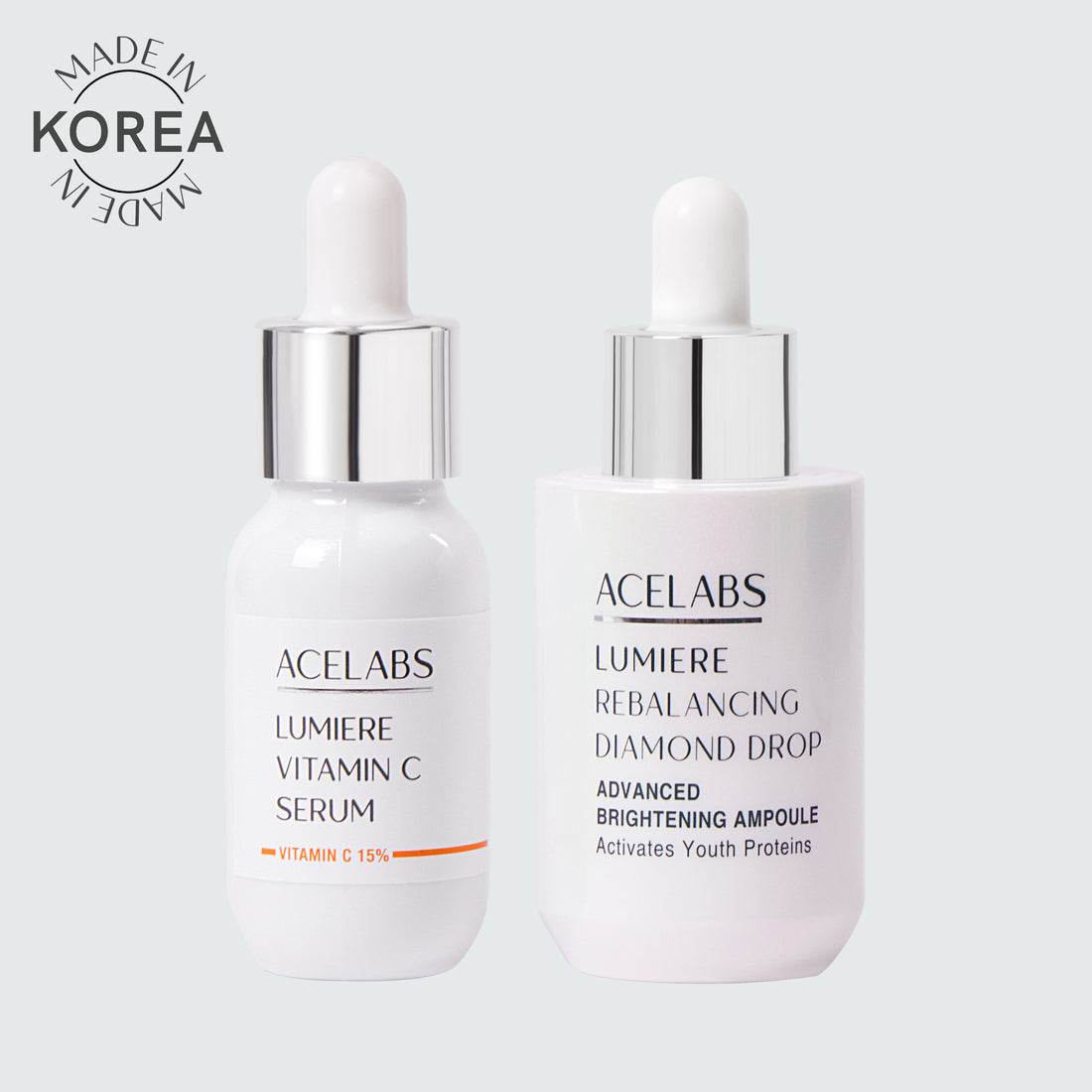 Vitamin C serum for face and skin brightening serum duo – Lumiere Rebalancing Diamond Drop and Lumiere Vitamin C 15% serum by ACELABS